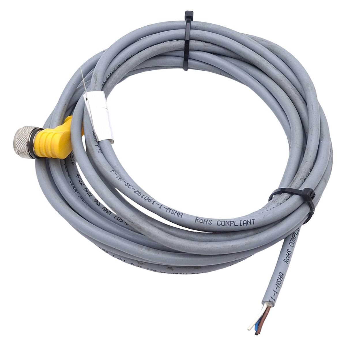 Used Turck WK4.4T-5 Cordset, 4-Pin M12 Right Angle Female to Leads, 4A 250VAC, 3.5m