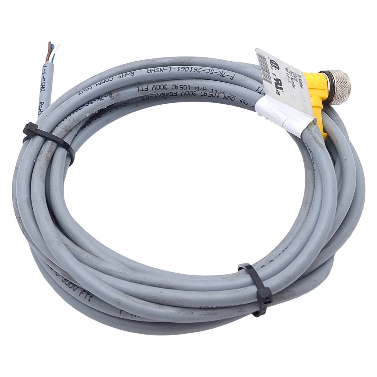 Used Turck WK4.4T-5 Cordset, 4-Pin M12 Right Angle Female to Leads, 4A 250VAC, 3.5m