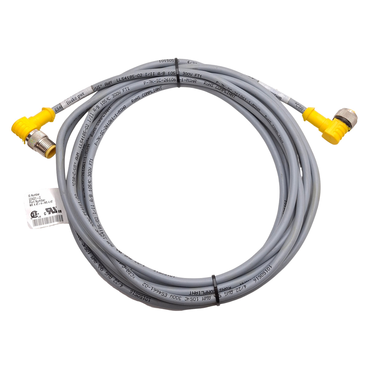 Used Turck WK 4.4T-4-WS 4.4T Extension Cable Right Angle M12 4-Pin Male to Female, 4m