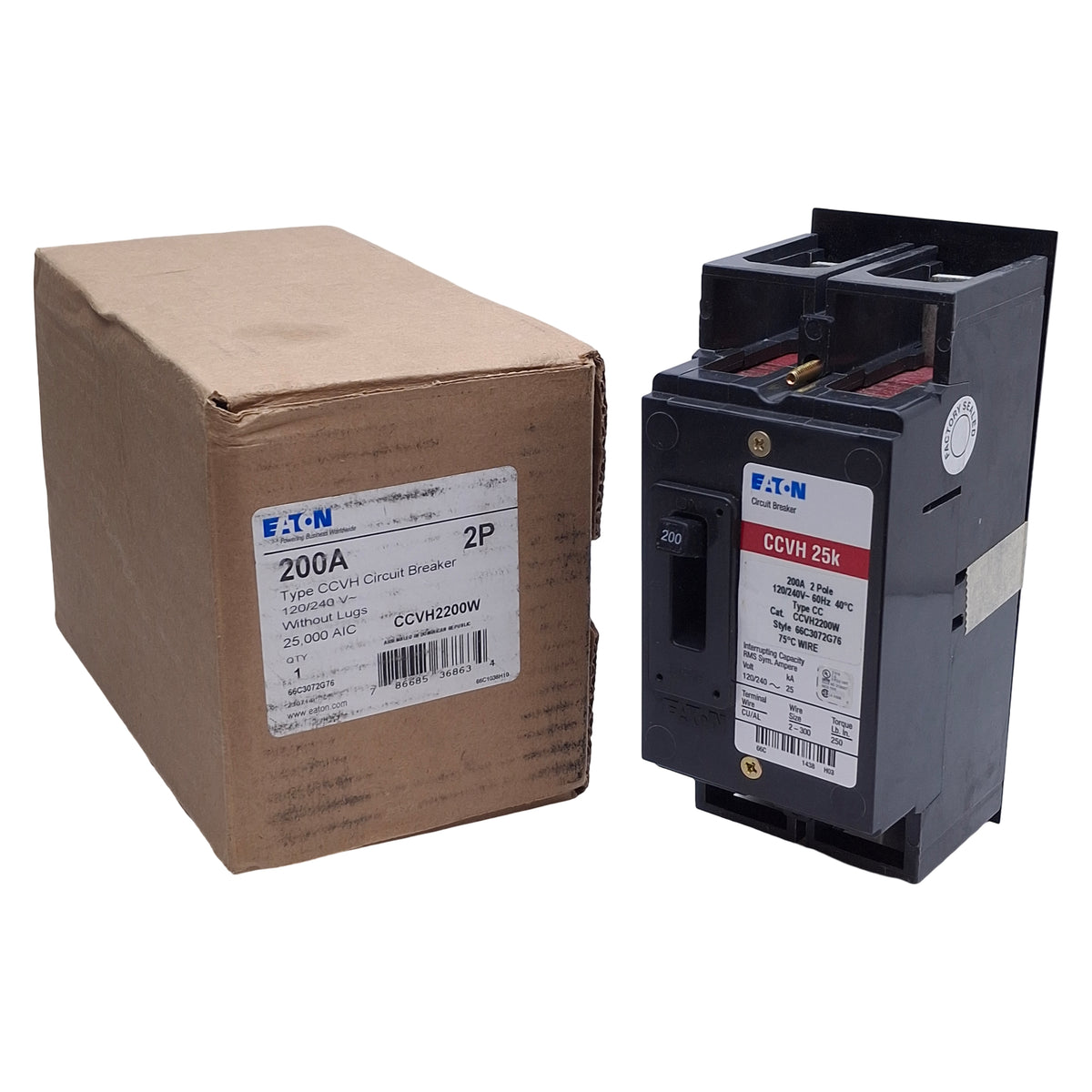 New Eaton CCV2200W Circuit Breaker 2-Pole, 200A 120/240VAC, CCV Frame, Bolt-On Mount