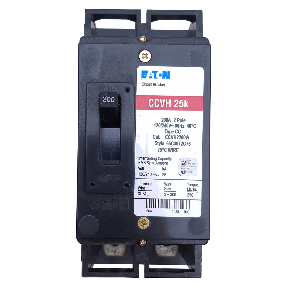 New Eaton CCV2200W Circuit Breaker 2-Pole, 200A 120/240VAC, CCV Frame, Bolt-On Mount