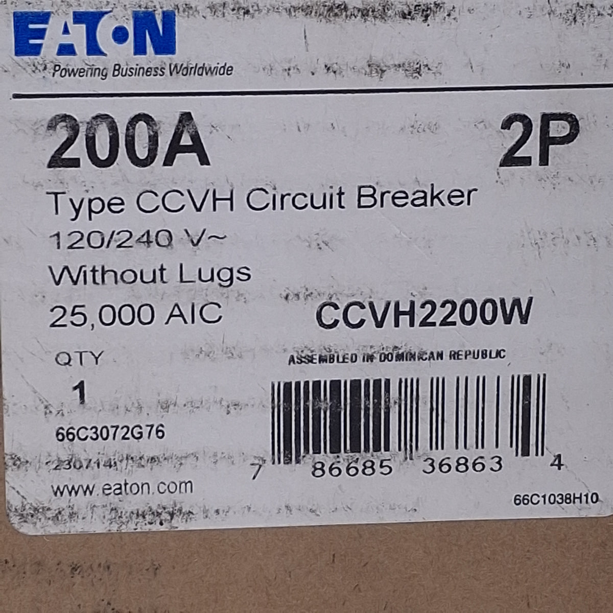 New Eaton CCV2200W Circuit Breaker 2-Pole, 200A 120/240VAC, CCV Frame, Bolt-On Mount
