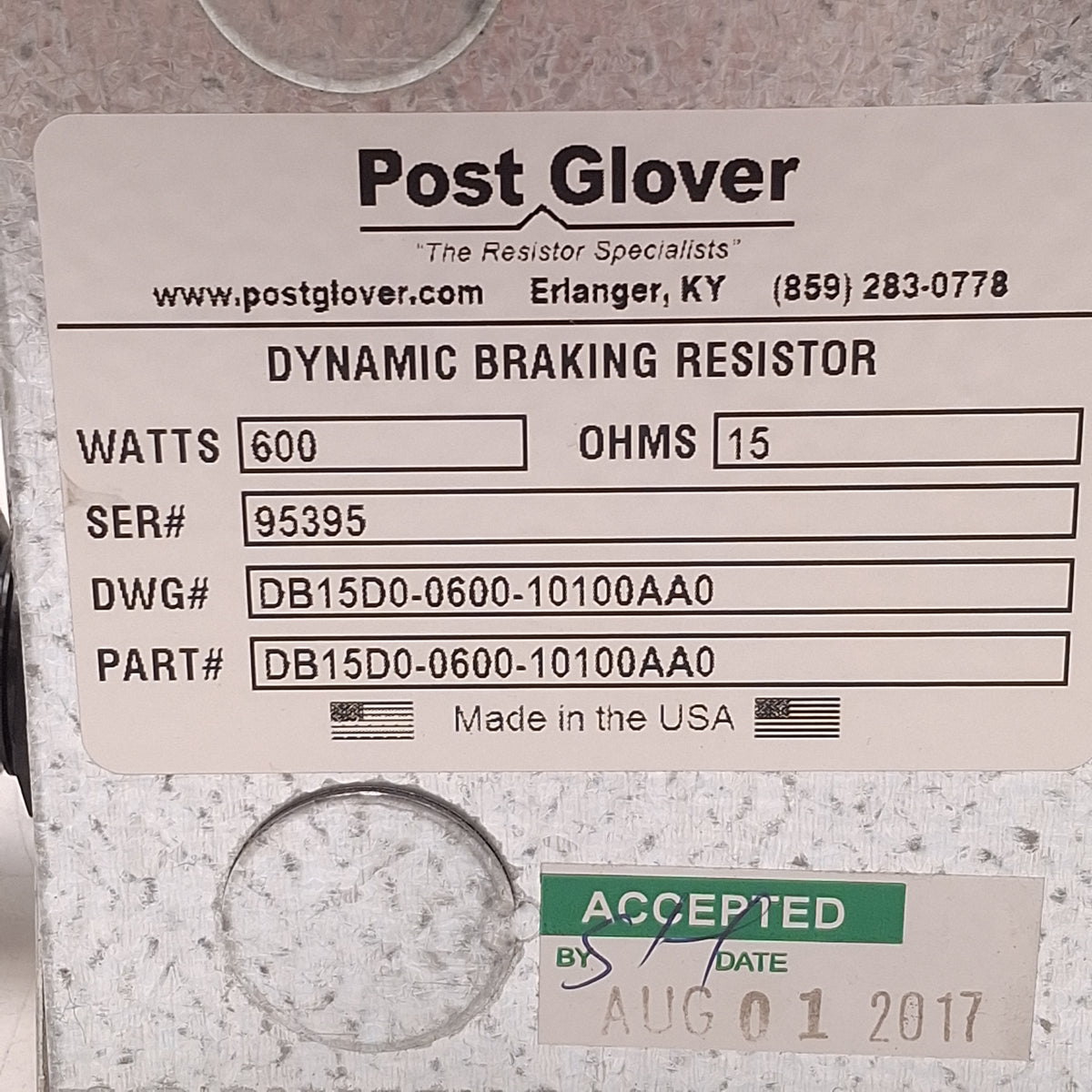Used Post Glover DB15D0-0600-10100AA0 Braking Resistor 15Ohms, 600W, 14in x 4in x5in