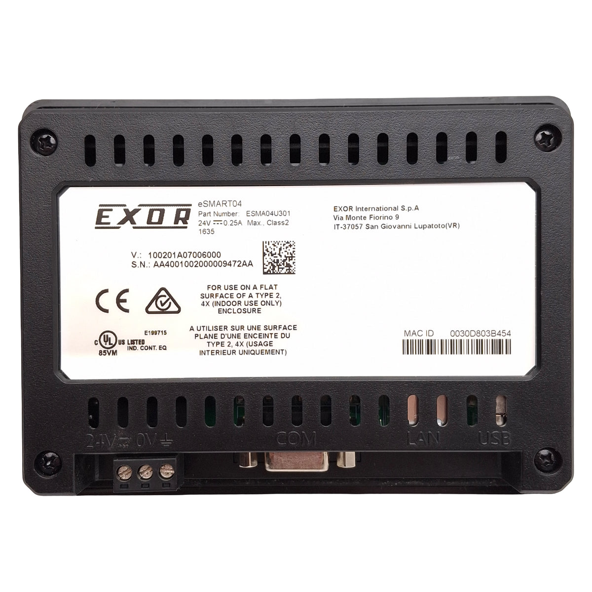 Used Exor ESMA04U301 eSMART04 Touchscreen HMI, 4.3in, 480x272, RJ45, USB, DB9, 24VDC