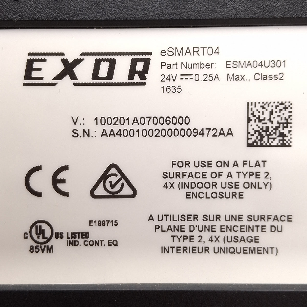 Used Exor ESMA04U301 eSMART04 Touchscreen HMI, 4.3in, 480x272, RJ45, USB, DB9, 24VDC