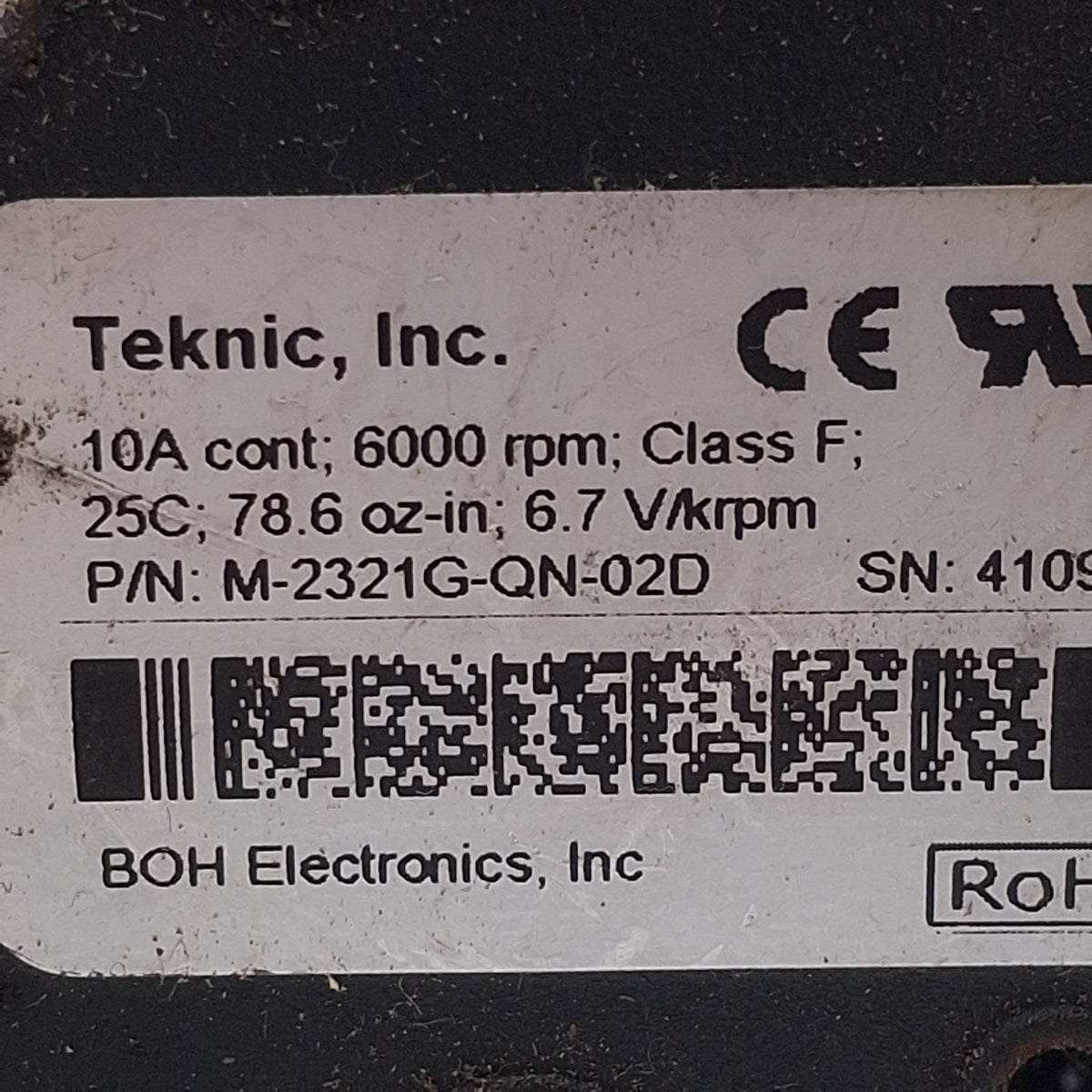 Used Teknic M-2321G-QN-02D Servo Motor, 6.7V/krpm 10A, 6000rpm, 78.6oz-in, NEMA 23