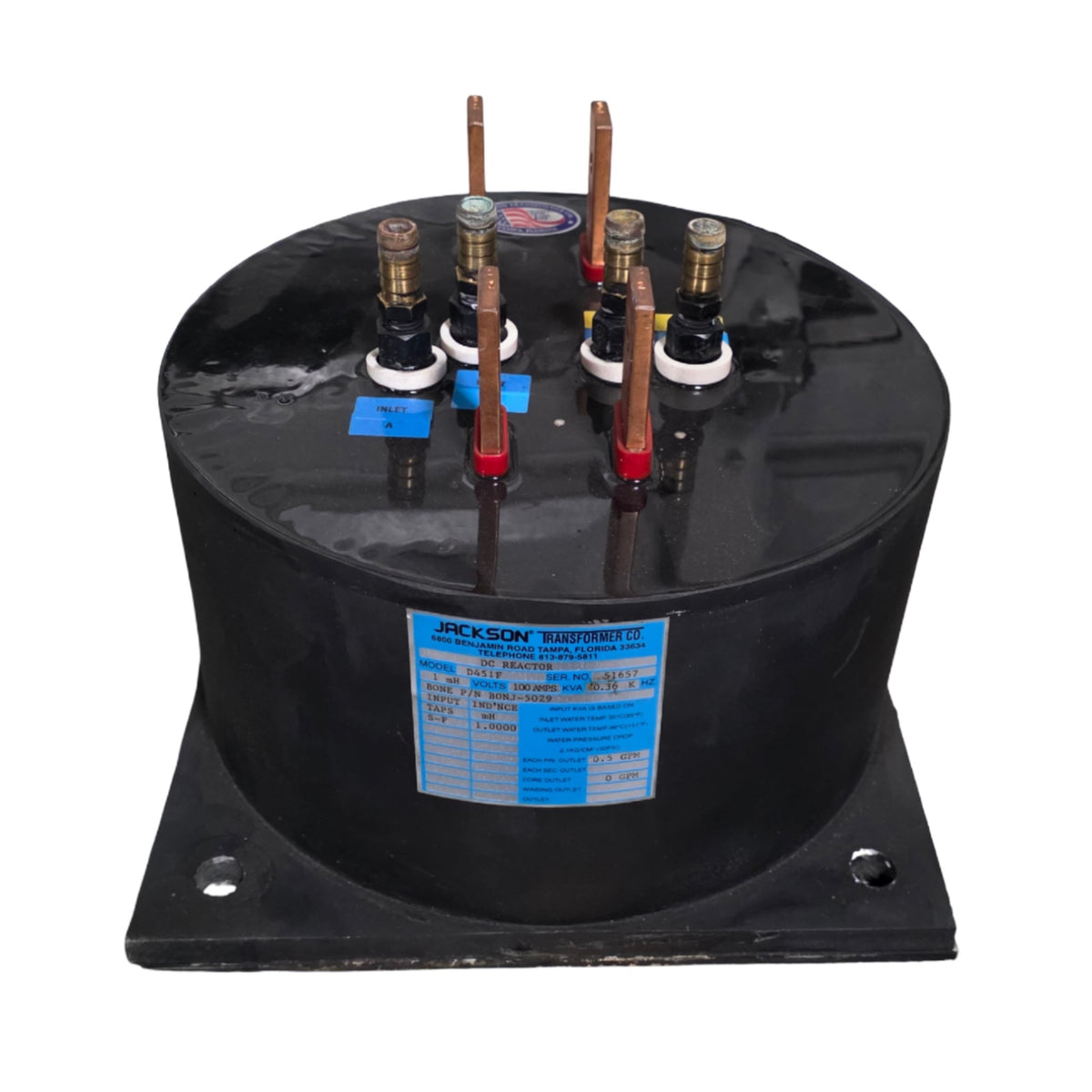 Used Jackson Transformer D451F Water Cooled DC Reactor 1mH, 100A, 360Hz