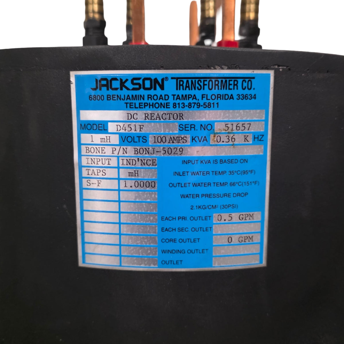 Used Jackson Transformer D451F Water Cooled DC Reactor 1mH, 100A, 360Hz