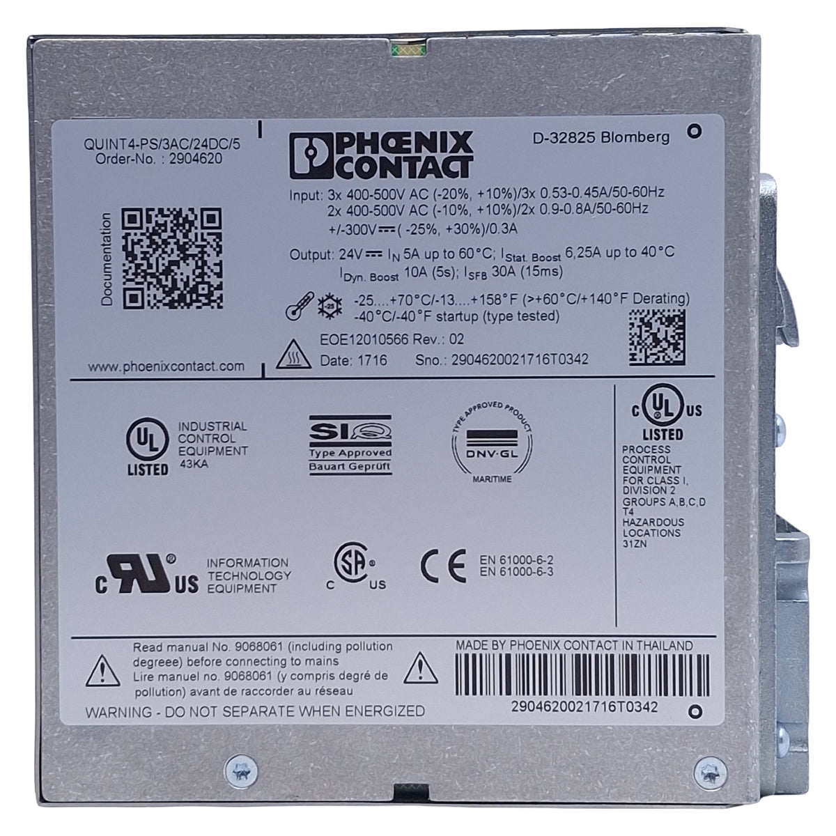 Used Phoenix Contact QUINT4-PS/3AC/24DC/5 Power Supply, 400-500VAC In, 24VDC Out
