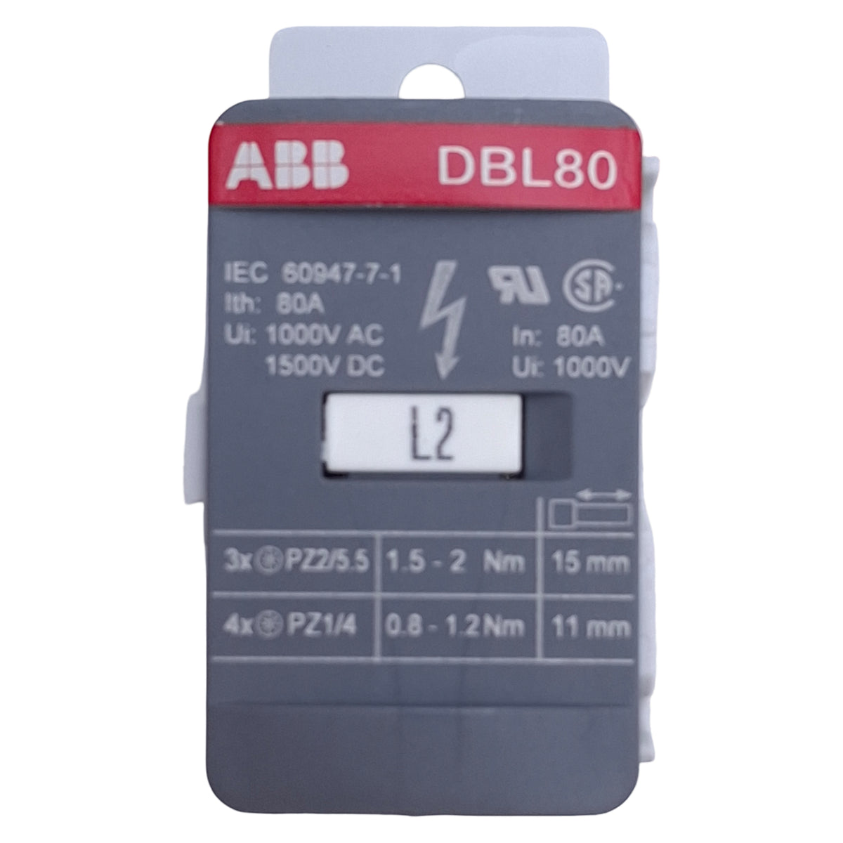 Used ABB DBL80 Power Distribution Block 1-Pole, 1000VAC/1500VDC, 14-4AWG, DIN Rail