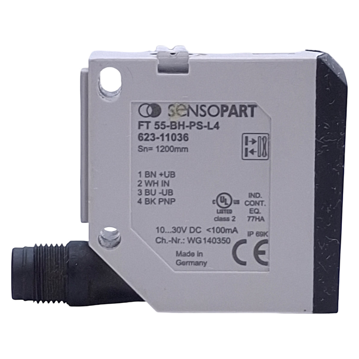 Used Sensopart FT 55-BH-PS-L4 Photoelectric Proximity Sensor PNP, 3-1200mm, M12 4-Pin