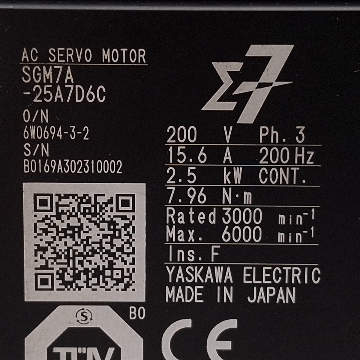 Used Yaskawa SGM7A-25A7D6C Sigma-7 Servo Motor, 2.5kW, 3Ø 200VAC 15.6A, 100mm Flange