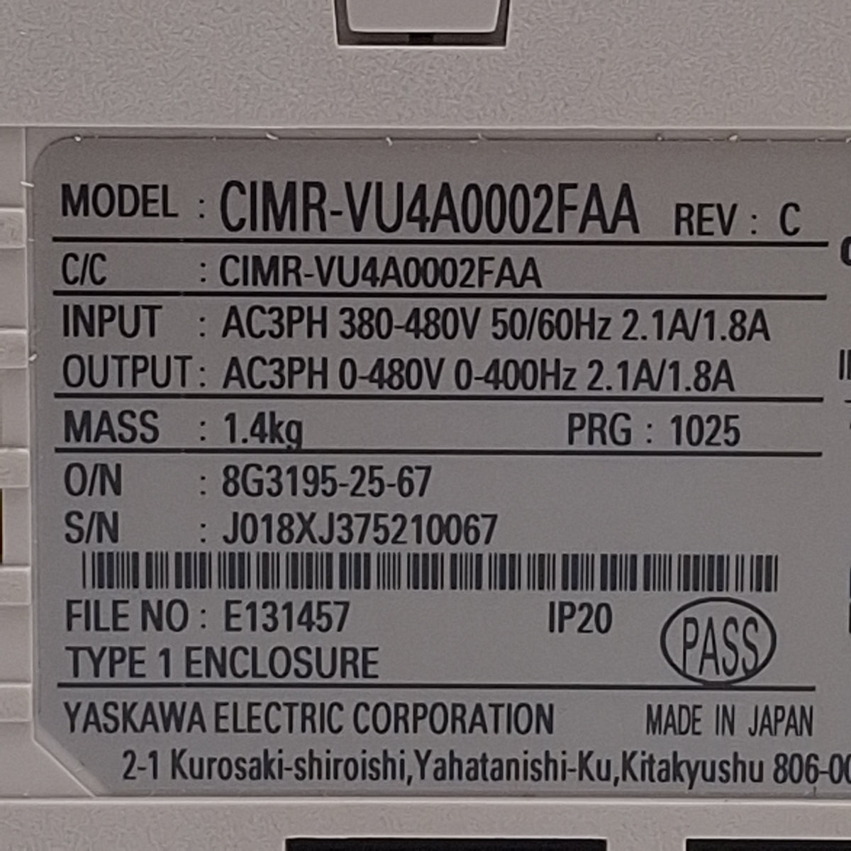 Used Yaskawa CIMR-VU4A0002FAA Rev C AC Drive, 3Ø, 380-480VAC In, 0-480VAC 0-400Hz Out