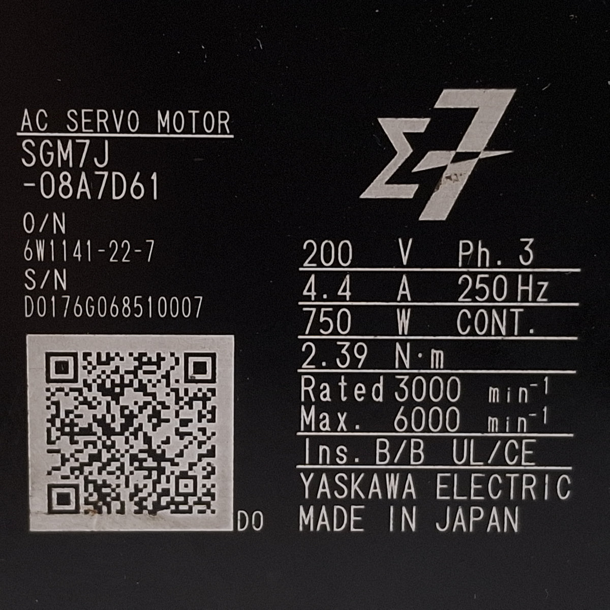 Used Yaskawa SGM7A-08A7D61 Sigma-7 AC Servo Motor, 750W, 3Ø 200VAC 250Hz, 80mm Flange
