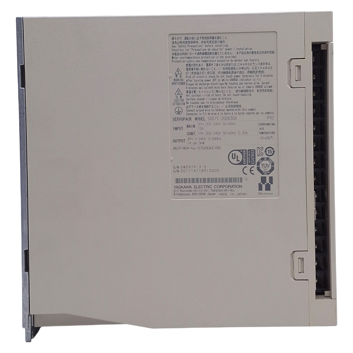Used Yaskawa SGD7S-200A30A Sigma-7 Servopack, Single-Axis, 3-Phase 200-240VAC, 3kW