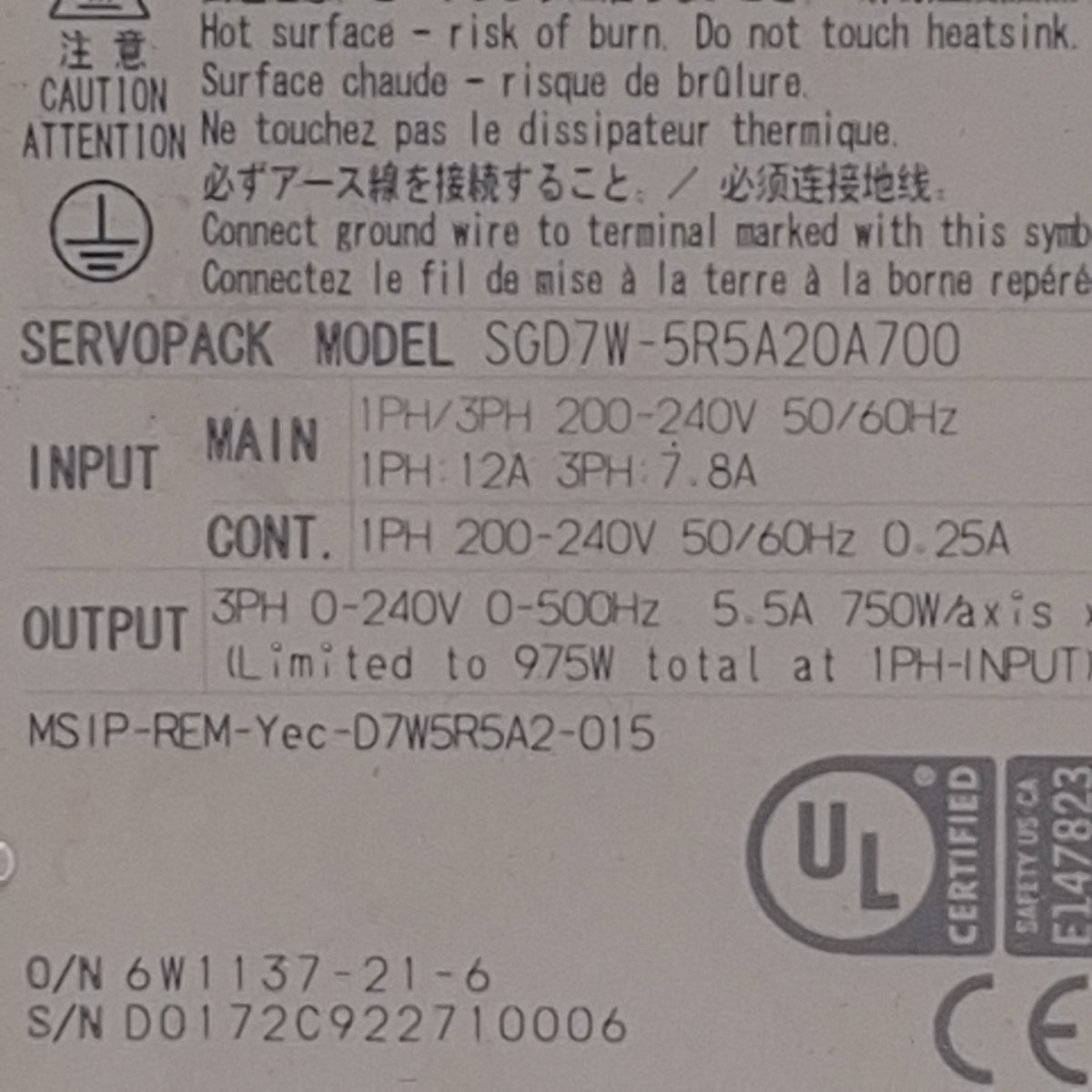 Used Yaskawa SGD7W-5R5A20A700 Sigma-7 Servopack 2-Axis, 200-240VAC, 750W *Socket*