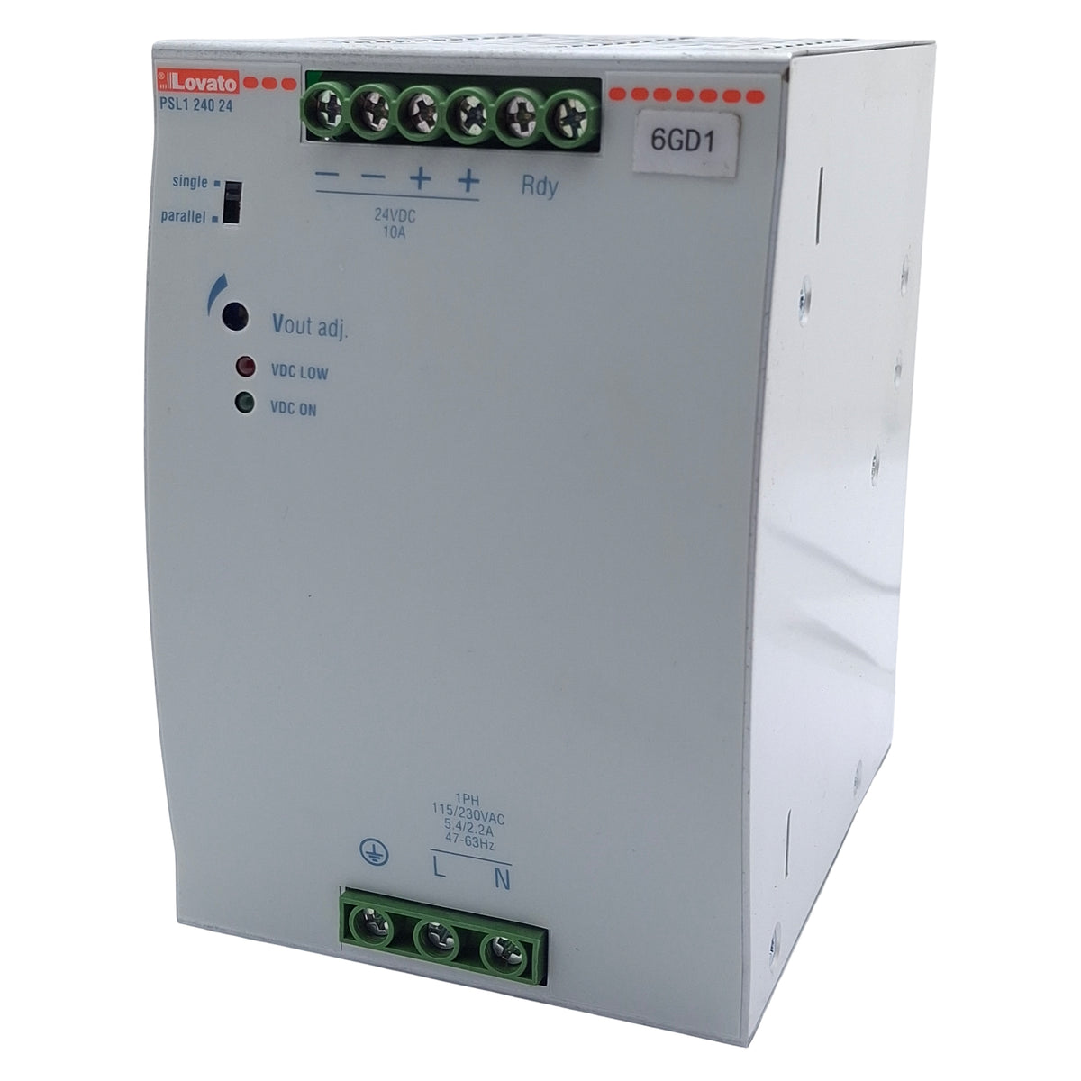 Used Lovato PSL124024 Power Supply, 1PH 115/230VAC In, 10A 24VDC Out, DIN Rail