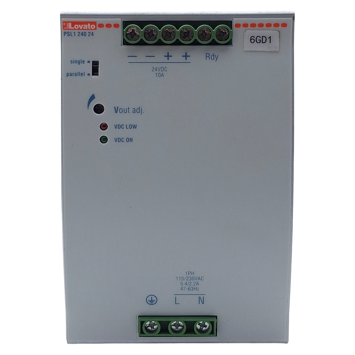 Used Lovato PSL124024 Power Supply, 1PH 115/230VAC In, 10A 24VDC Out, DIN Rail