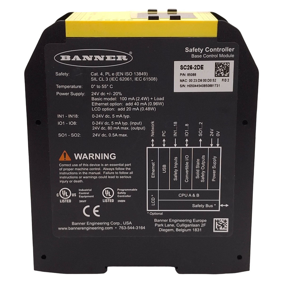 Used Banner SC26-2DE 85068 Safety Controller, 26 Inputs, 2 PNP Output Pairs, 24VDC