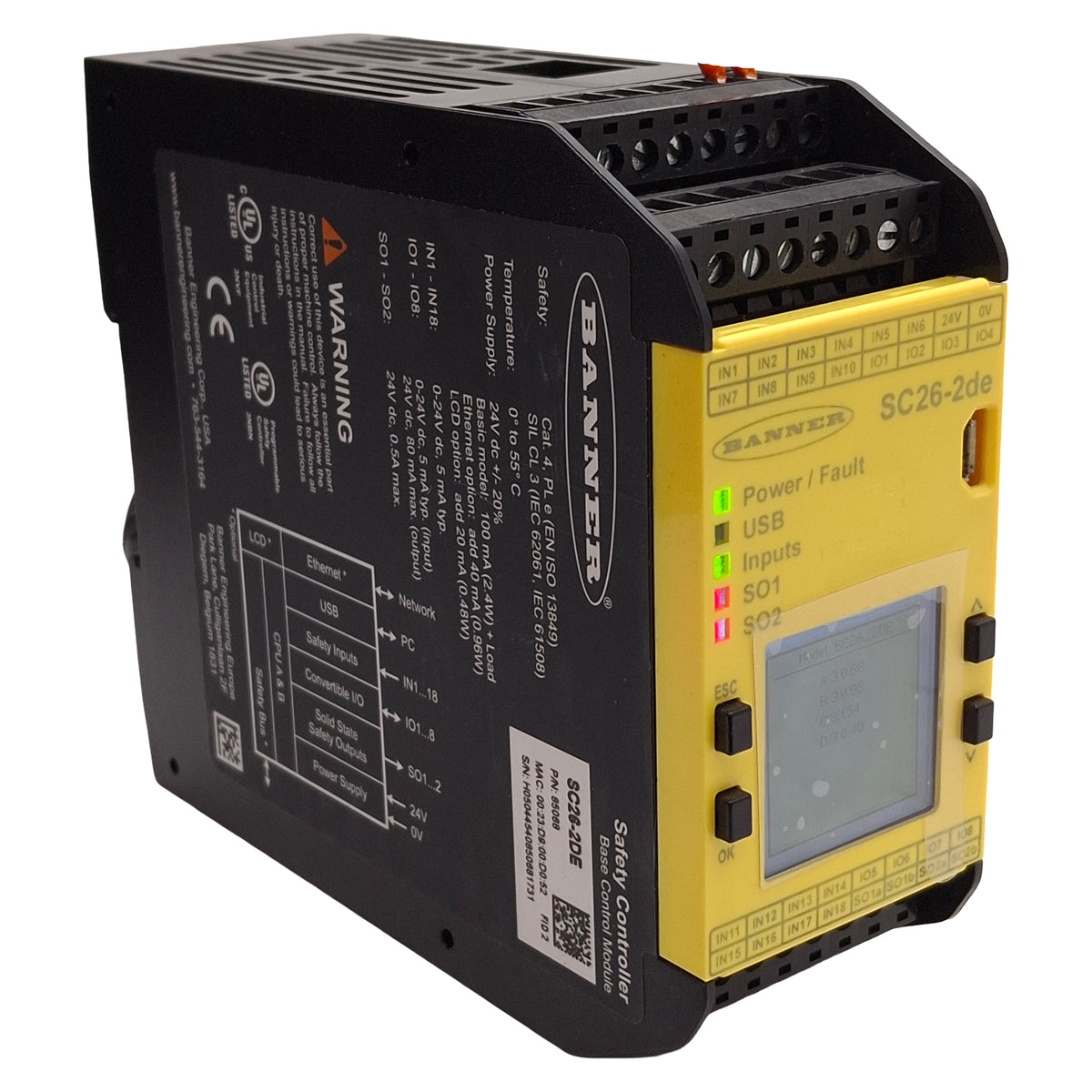 Used Banner SC26-2DE 85068 Safety Controller, 26 Inputs, 2 PNP Output Pairs, 24VDC