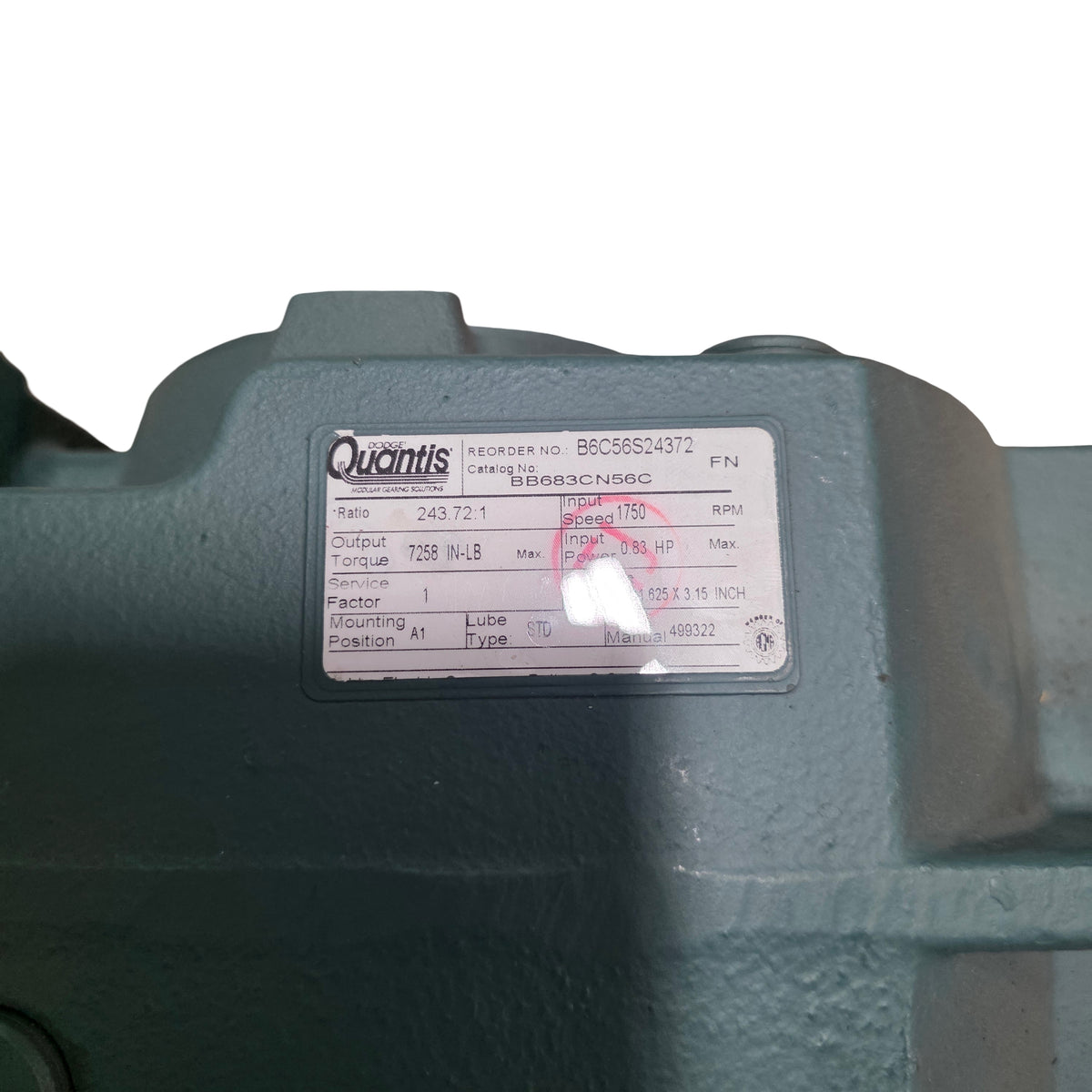 New – Open box Dodge BB683CN56C Quantis Right Angle Helical Bevel Speed Reducer 243.72:1, 56C