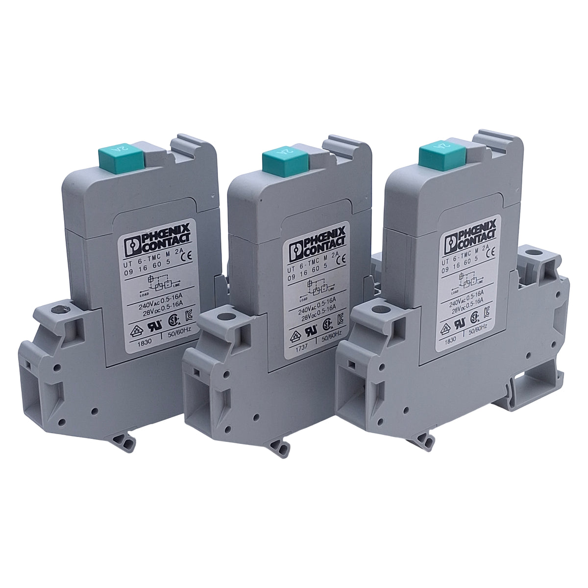 Used Lot of 3 Phoenix Contact UT 6-TMC M 2A Circuit Breaker 2A 240VAC/28VDC, DIN Rail
