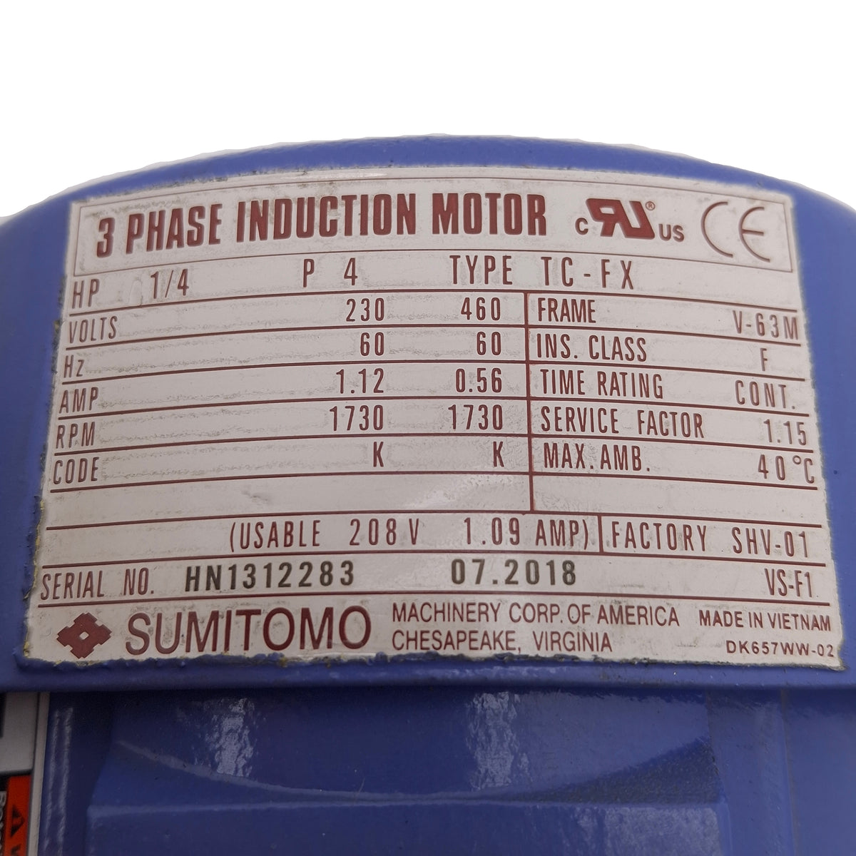Used Sumitomo CNHM02-6065Y-35 SM-Cyclo 6000 Gearmotor, 35:1, 1/4HP, 3Ø 230/460VAC