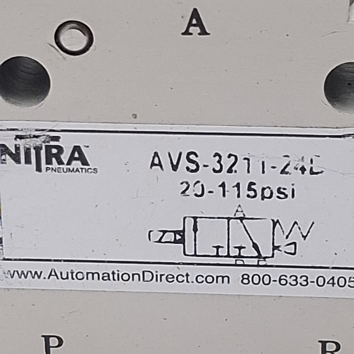 Used Nitra AVS-3211-24D Solenoid Valve, 3/2-Way NC, 1/8in NPT, 20-115psi, 24VDC Coil