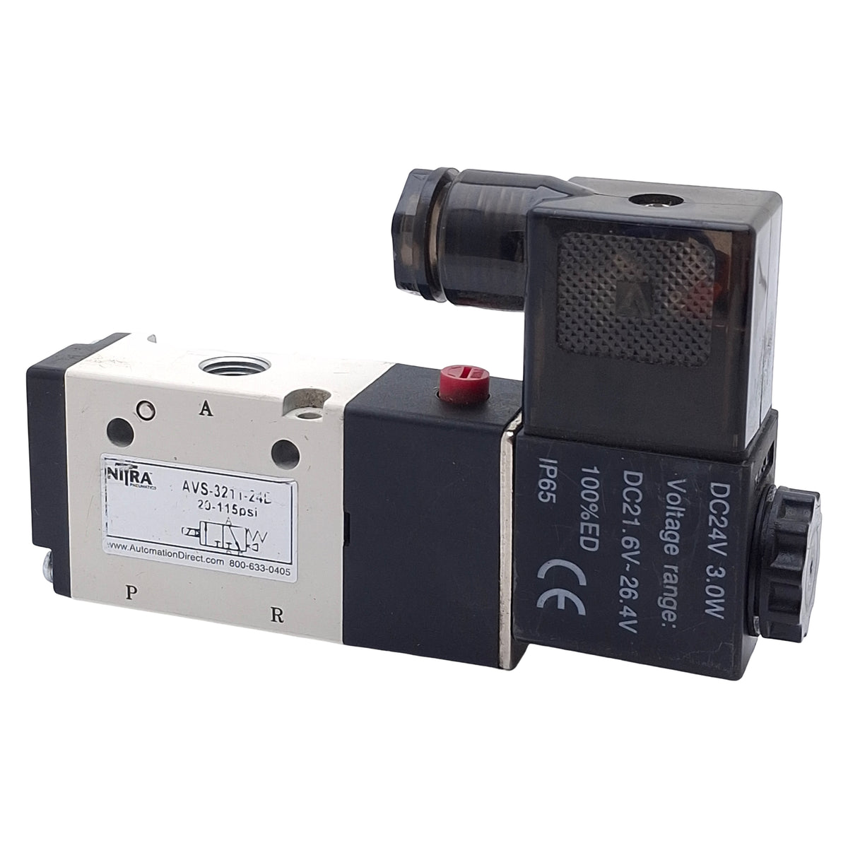 Used Nitra AVS-3211-24D Solenoid Valve, 3/2-Way NC, 1/8in NPT, 20-115psi, 24VDC Coil