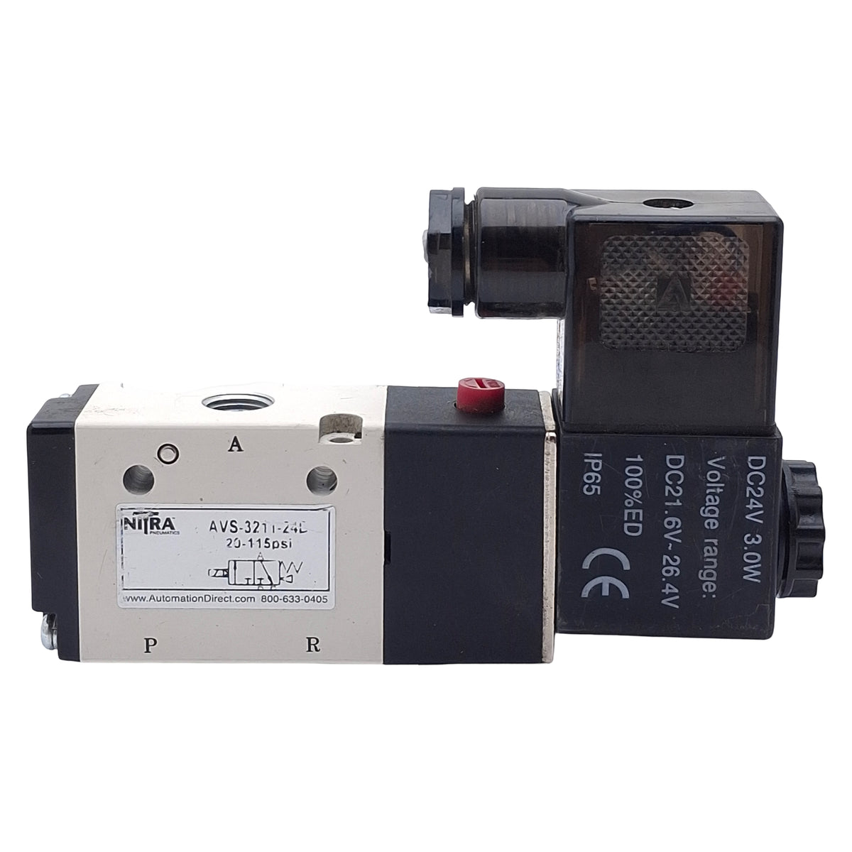 Used Nitra AVS-3211-24D Solenoid Valve, 3/2-Way NC, 1/8in NPT, 20-115psi, 24VDC Coil