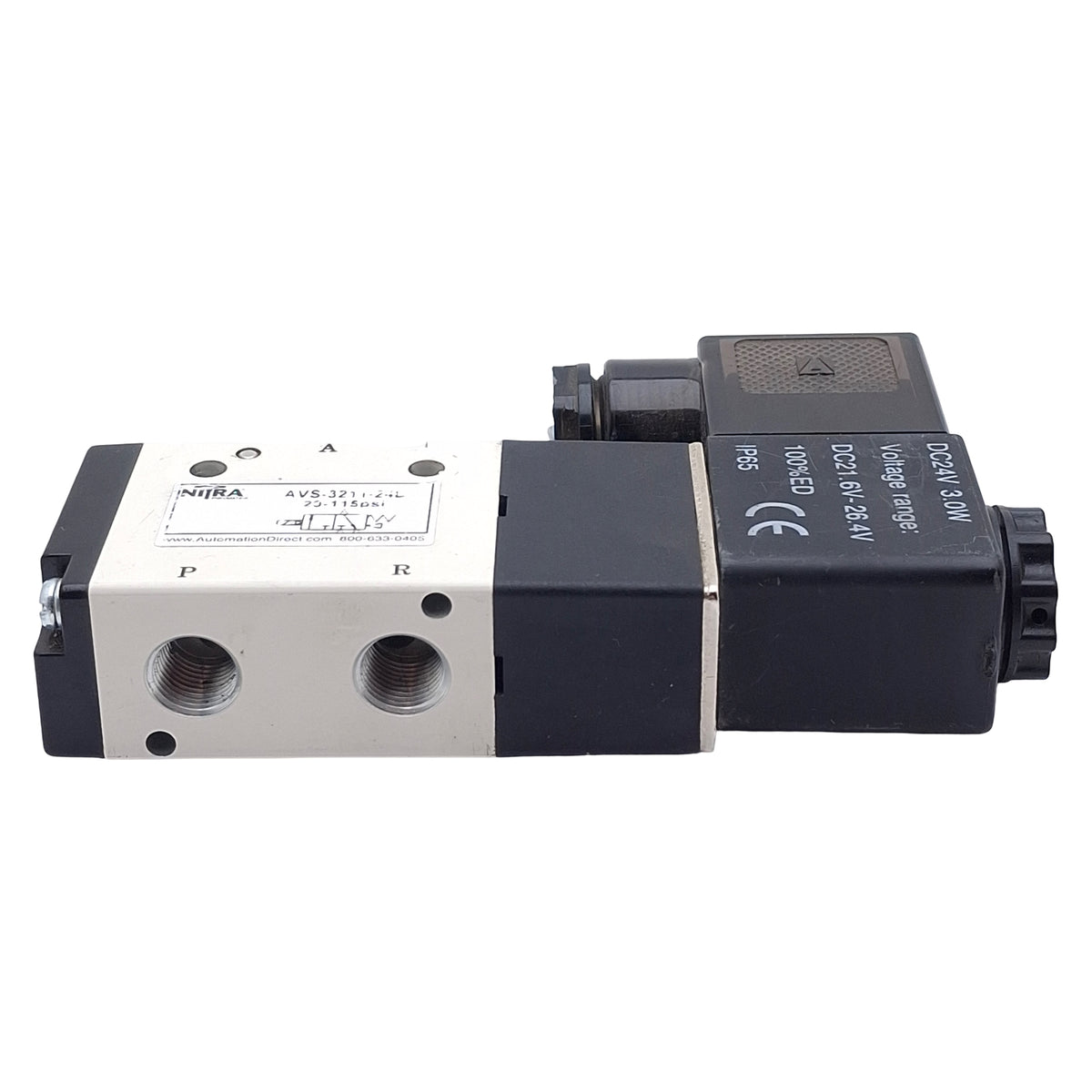 Used Nitra AVS-3211-24D Solenoid Valve, 3/2-Way NC, 1/8in NPT, 20-115psi, 24VDC Coil