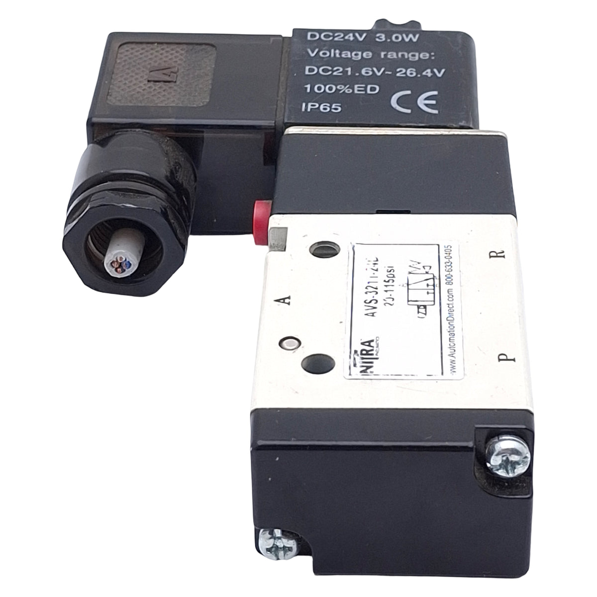 Used Nitra AVS-3211-24D Solenoid Valve, 3/2-Way NC, 1/8in NPT, 20-115psi, 24VDC Coil