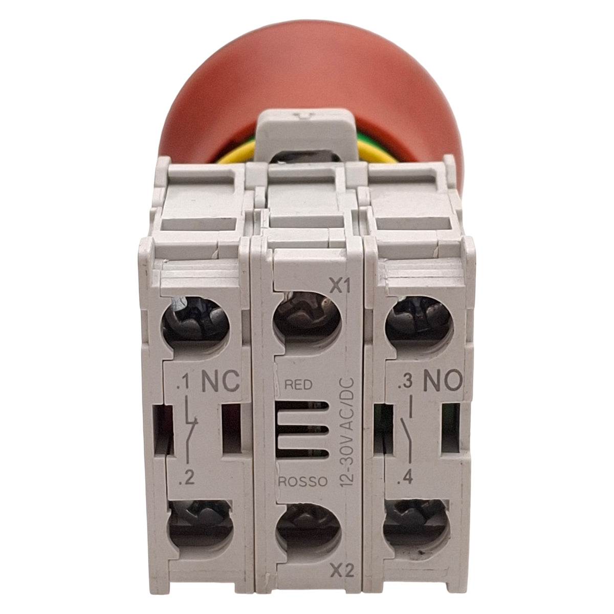 Used Lovato LPCBL6644 Illuminated E-Stop Pushbutton, Twist-Release, 1NO+1NC, 12-30V