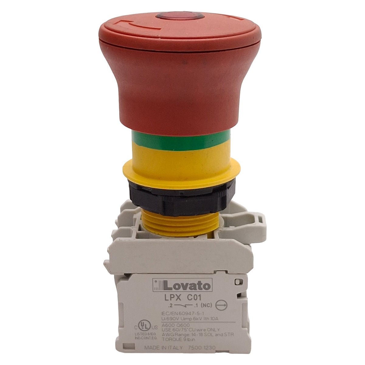 Used Lovato LPCBL6644 Illuminated E-Stop Pushbutton, Twist-Release, 1NO+1NC, 12-30V