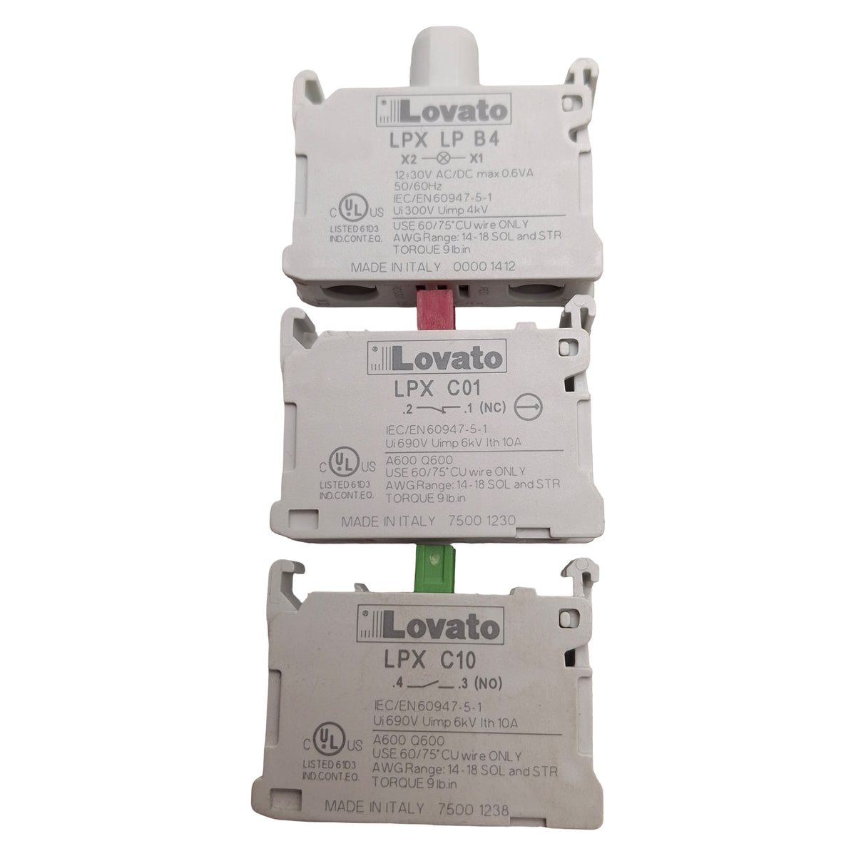 Used Lovato LPCBL6644 Illuminated E-Stop Pushbutton, Twist-Release, 1NO+1NC, 12-30V