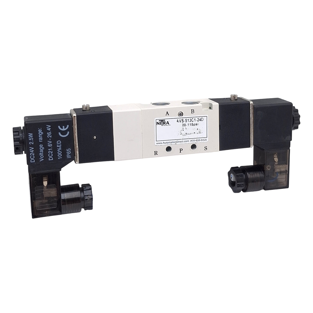 Used Nitra AVS-513C1-24D Solenoid Valve, 4/3-Way, 1/8in NPT, 20-115psi, 24VDC Coil