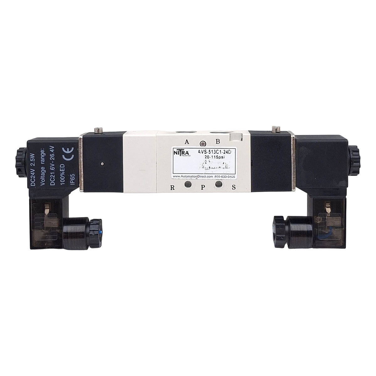 Used Nitra AVS-513C1-24D Solenoid Valve, 4/3-Way, 1/8in NPT, 20-115psi, 24VDC Coil