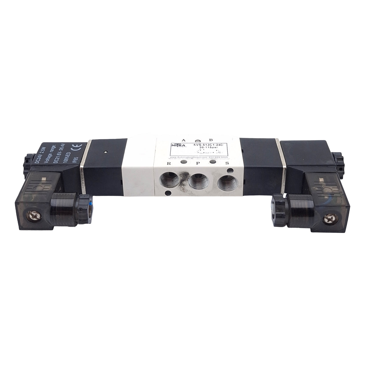 Used Nitra AVS-513C1-24D Solenoid Valve, 4/3-Way, 1/8in NPT, 20-115psi, 24VDC Coil
