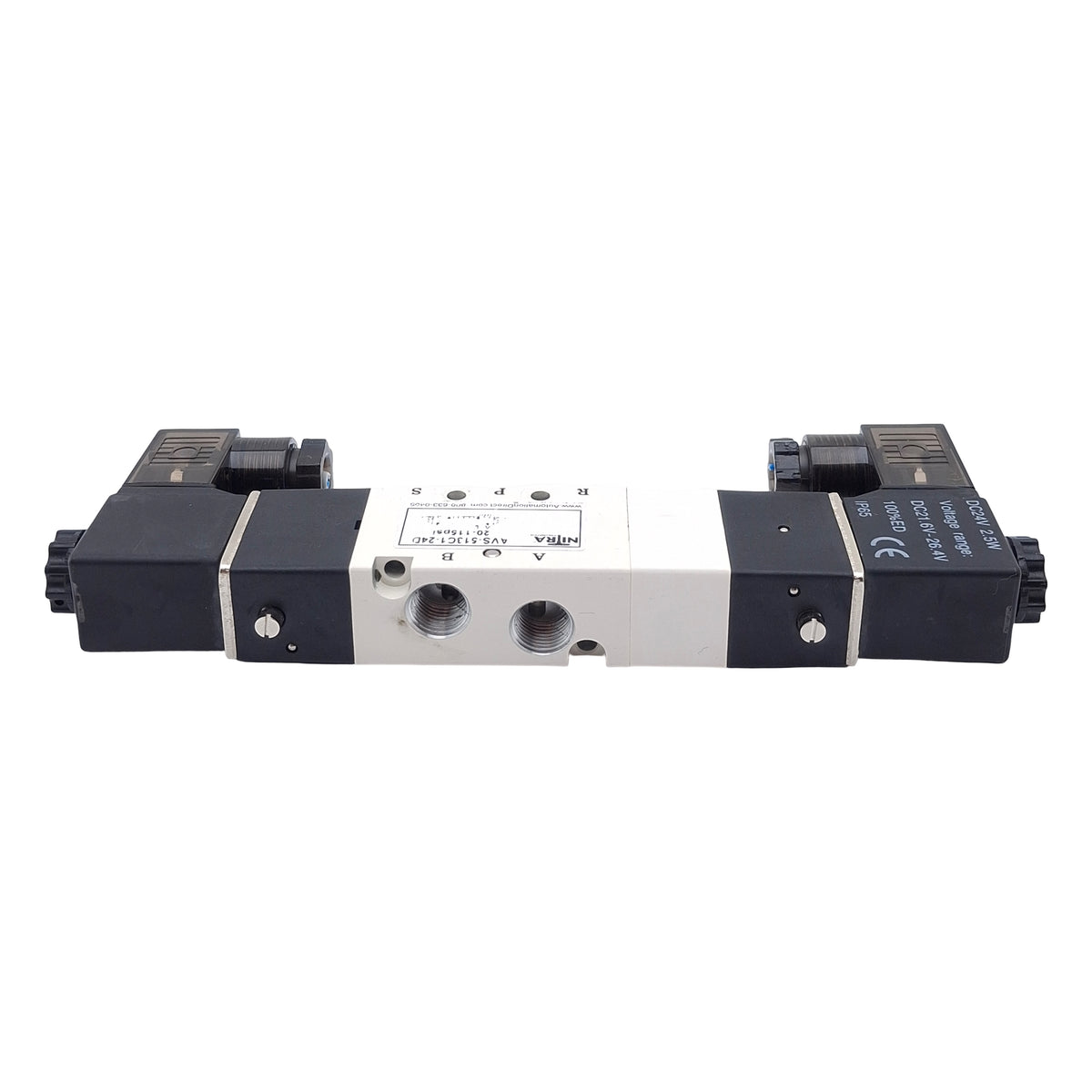 Used Nitra AVS-513C1-24D Solenoid Valve, 4/3-Way, 1/8in NPT, 20-115psi, 24VDC Coil