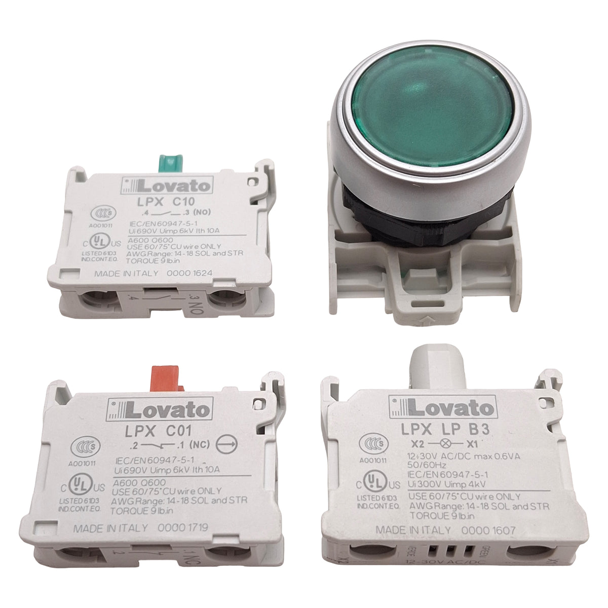Used Lovato LPCBL103 Illuminated Green Momentary Flush Pushbutton 1NO+1NC 12-30VAC/DC