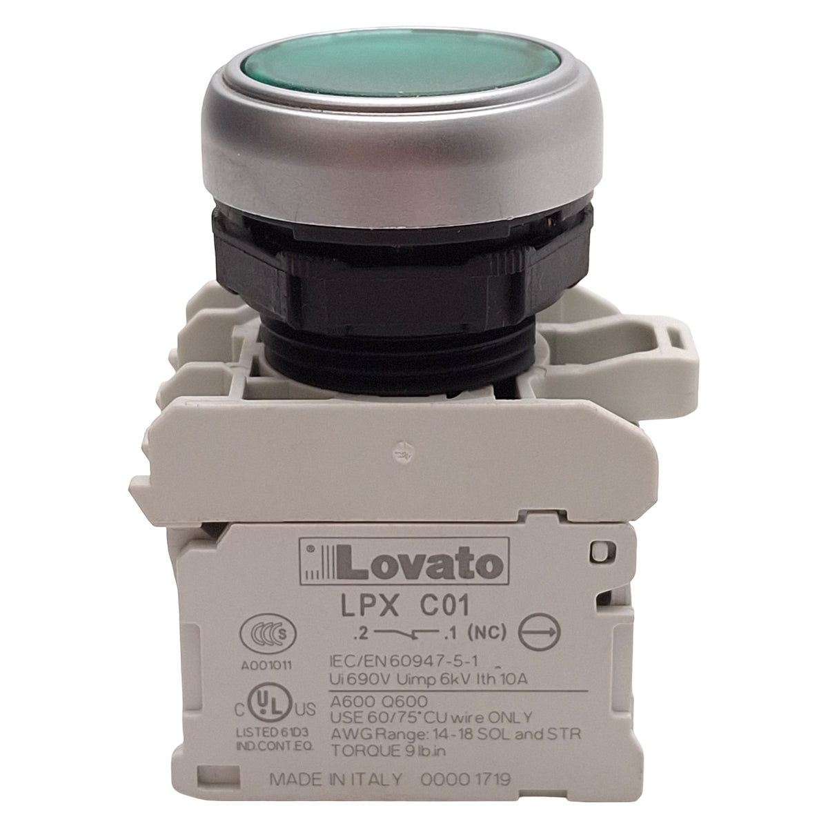 Used Lovato LPCBL103 Illuminated Green Momentary Flush Pushbutton 1NO+1NC 12-30VAC/DC