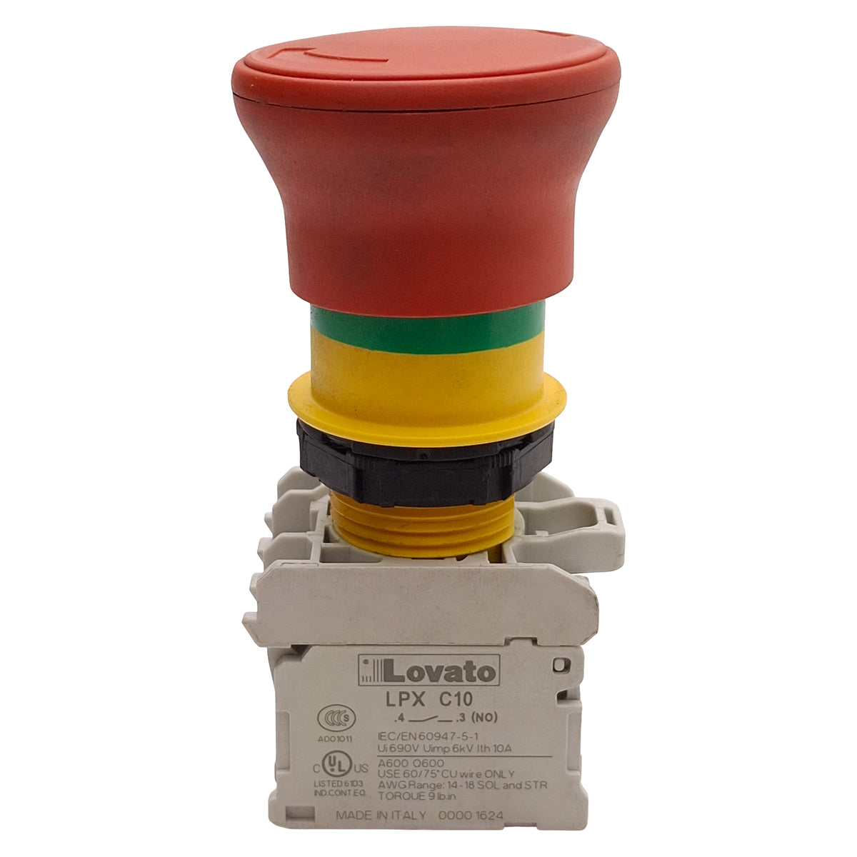 Used Lovato LPCB6644 Pushbutton E-Stop, Twist-Release, ø40mm Mushroom, 1NO+1NC