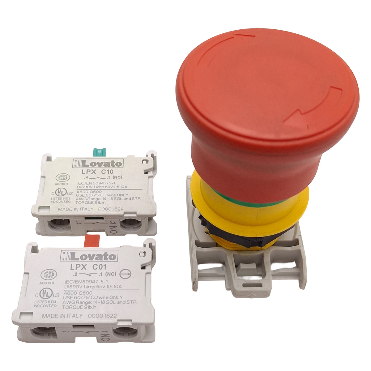 Used Lovato LPCB6644 Pushbutton E-Stop, Twist-Release, ø40mm Mushroom, 1NO+1NC
