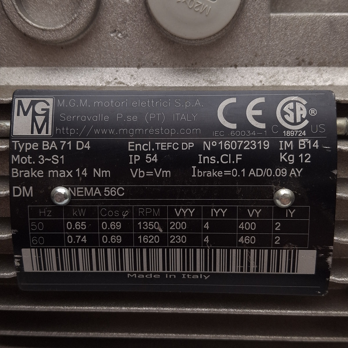 Used MGM BA 71 D4 Brake Motor, 0.74kW, 3Ø 230/460VAC, 14Nm, 1620rpm, NEMA 56C