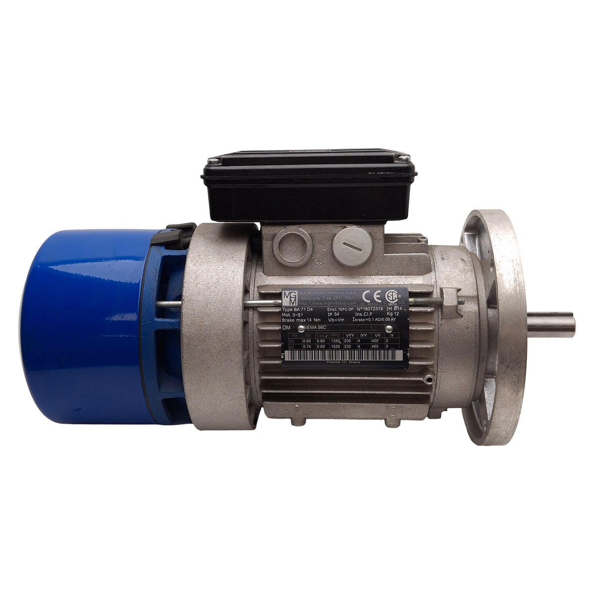 Used MGM BA 71 D4 Brake Motor, 0.74kW, 3Ø 230/460VAC, 14Nm, 1620rpm, NEMA 56C