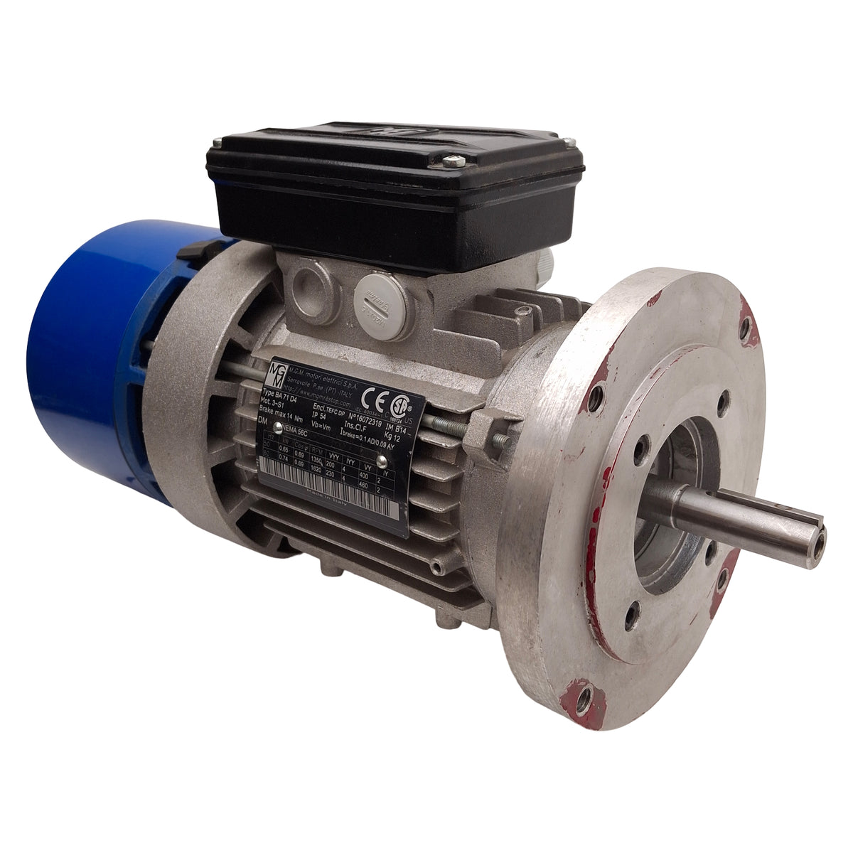 Used MGM BA 71 D4 Brake Motor, 0.74kW, 3Ø 230/460VAC, 14Nm, 1620rpm, NEMA 56C