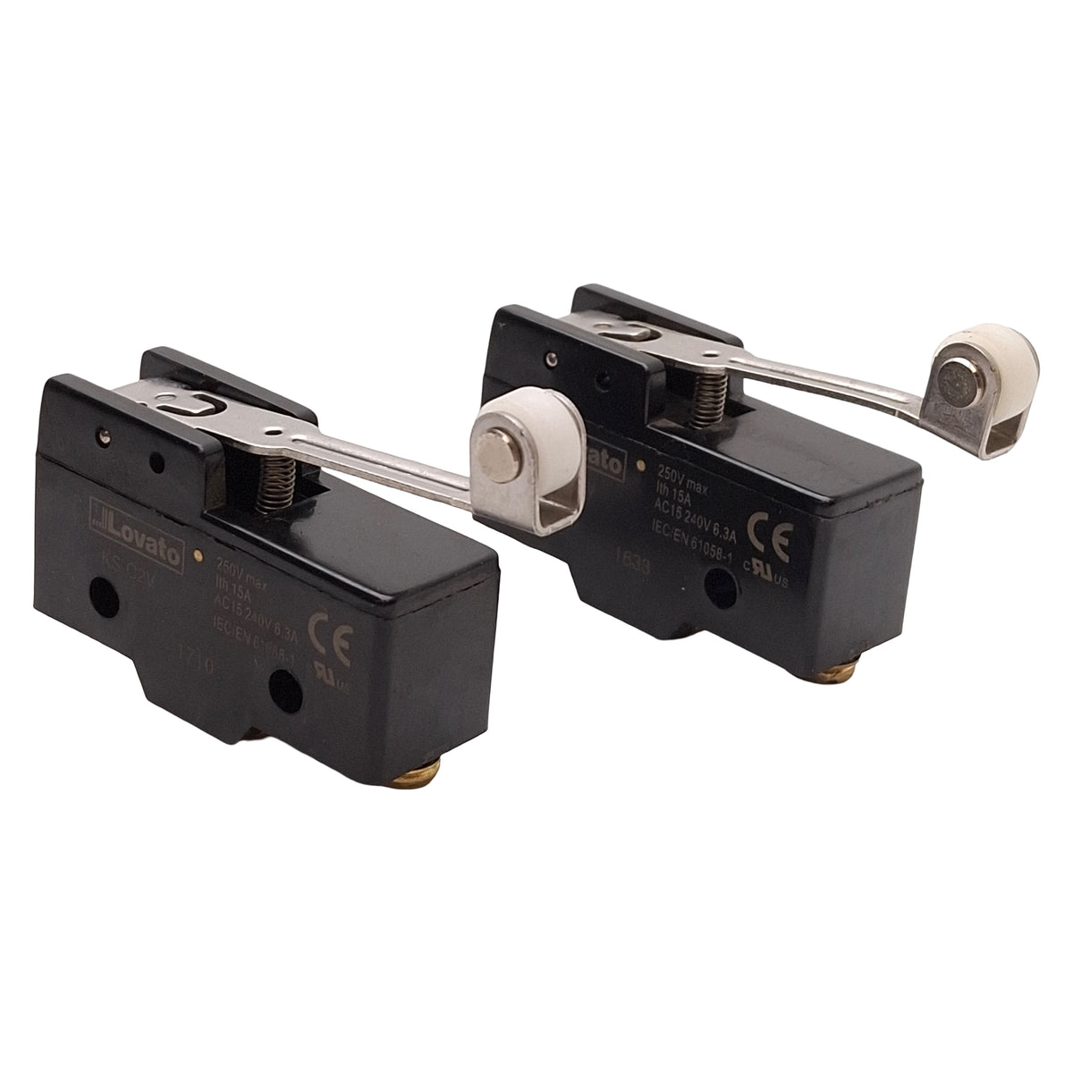 Used Lot of 2 Lovato KSC2V Plastic Micro Switch, 48.5mm Roller Lever, 1NO+1NC, 240VAC