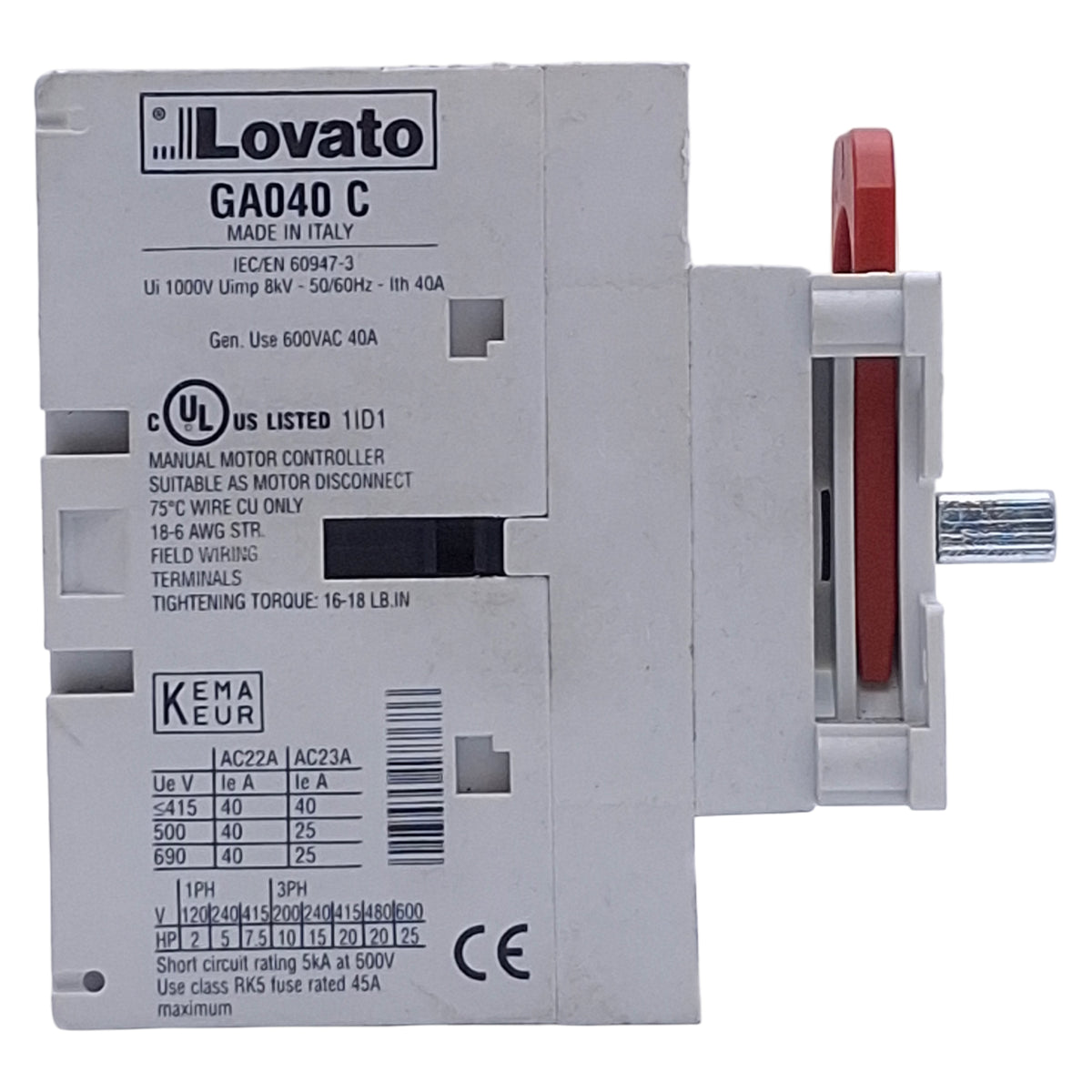 Used Lovato GA040C Disconnect Switch 3-Pole, 600VAC 40A, Screw/DIN Rail Mount