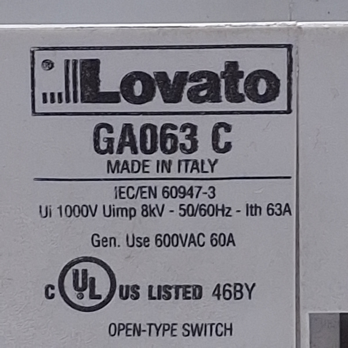 Used Lovato GA063C Disconnect Switch 3-Pole, 63A 600VAC, Screw Mounting Type
