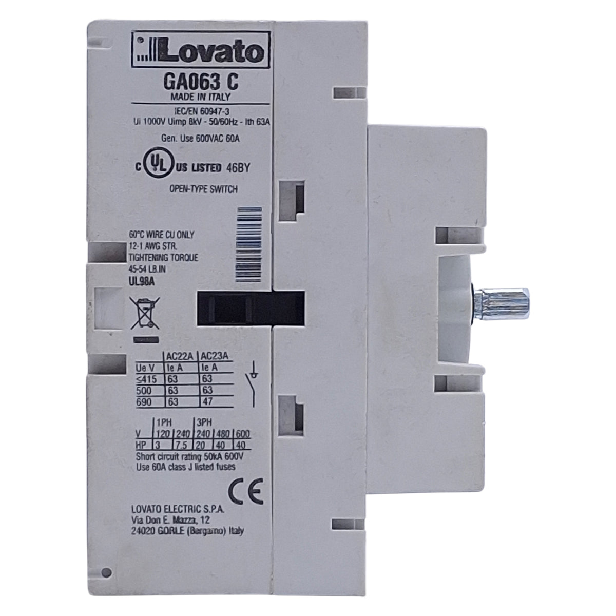 Used Lovato GA063C Disconnect Switch 3-Pole, 63A 600VAC, Screw Mounting Type